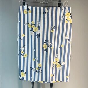 Ann Taylor Factory Blue and White Striped Pencil Skirt with Yellow Floral Print